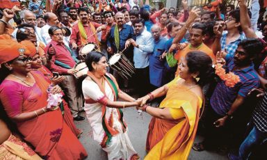 Bharatiya Janata Party (BJP) supporters celebrate the BJP's potential win as votes are counted for the Lok Sabha election in Bangalore, India, 23 May 2019. The Lok Sabha, the lower house of Parliament, elections, which began on 11 April 2019, is having the results tallied on 23 May. The Lok Sabha elections were held for 542 of the 543 lower house seats, and a party or alliance needs 272 seats to form a government. According to initial polling Narendra Modi could retain the position of Prime Minister along with the Bhartya Janta Party (BJP). EPA/JAGADEESH NV