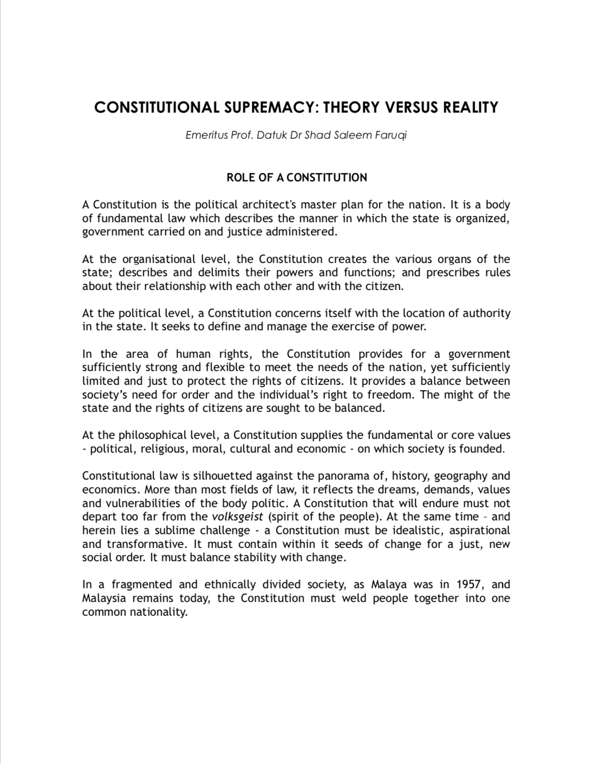 Constitutional Supremacy Theory Versus Reality No 2 Of A Series Of Essays By The Tun Hussein Onn Chair In International Studies Isis